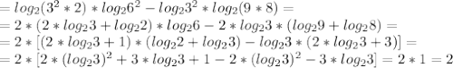 =log_2 {(3^2*2)}*log_2{6^2}-log_2{3^2}*log_2{(9*8)}= \\
=2*(2*log_2 {3}+log_2 2)*log_2 {6}-2*log_2 {3}*(log_2 {9}+log_2 {8})= \\
= 2*[(2*log_2 {3}+1)*(log_2 {2}+log_2 {3}) -log_2 {3}*(2*log_2 {3}+3)]= \\
=2*[2*(log_2 {3})^2+3*log_2 {3}+1 -2*(log_2 {3})^2-3*log_2 {3}]=2*1=2