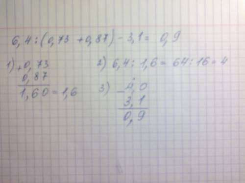 Найди значения выражения 6,4: (0,73+0,87)-3,1