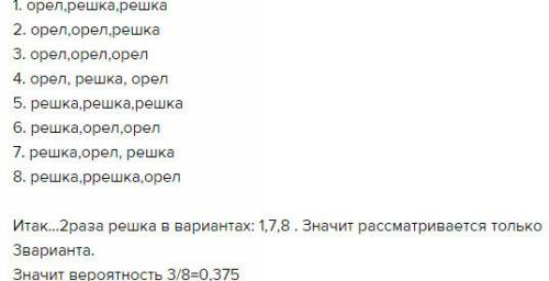 Монета брошена 3 раза тогда вероятность того что решка выпадает ровно два раза равна