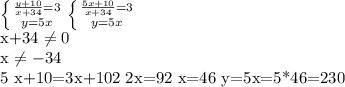 \left \{ {{ \frac{y+10}{x+34} =3} \atop {{y} =5x}} \right. 
 \left \{ {{ \frac{5x+10}{x+34} =3} \atop {y=5x}} \right.

x+34 \neq 0 

x \neq -34 

5 x+10=3x+102
2x=92
x=46
y=5x=5*46=230