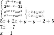 \left \{ {{ 3^{5x+y} =9} \atop { 2^{2x-y} =32}} \right. \\ \left \{ {{ 3^{5x+y}= 3^{2} } \atop {2^{2x-y}= 2^{5} }} \right. 
 \left \{ {{5x+y=2} \atop {2x-y=5}} \right. \\ 5x+2x+y-y=2+5 \\ 7x=7 \\ x=1 \\