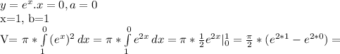 y= e^{x} . 
x=0, a=0

x=1, b=1

V= \pi * \int\limits^0_1 {( e^{x} ) ^{2} } \, dx = \pi *\int\limits^0_1 { e^{2x} } \, dx = \pi * \frac{1}{2} e^{2x} | _{0} ^{1} = \frac{ \pi }{2} *( e^{2*1} - e^{2*0} )=