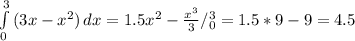 \int\limits^3_0 {(3x-x^2)} \, dx =1.5x^2- \frac{x^3}{3}/^3_0= 1.5*9-9=4.5