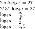 2*log_{6} a^{3} =27

2*3* log_{6} a =27

 log_{6} a= \frac{27}{6} , 

 log_{6} a= \frac{9}{2} 

 log_{6} a=4,5