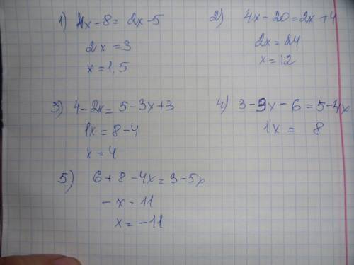 Решить уравнение: 1) 4(x-2)=2x-5 2) 4(x-5)=2x+4 3) 4-2x=5-3(x-1) 4) 3-3(x+2)=5-4x 5) 6+4(2-x)=3-5x