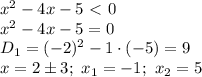 x^2 -4x-5\ \textless \ 0
\\\
x^2 -4x-5=0
\\\
D_1=(-2)^2-1\cdot(-5)=9
\\\
x= 2\pm 3; \ x_1=-1; \ x_2=5