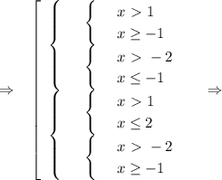 \Rightarrow~~ \left[\begin{array}{ccc}\begin{cases}
 & \text{ } \begin{cases}
 & \text{ } x\ \textgreater \ 1 \\ 
 & \text{ } x \geq -1 
\end{cases} \\ 
 & \text{ } \begin{cases}
 & \text{ } x\ \textgreater \ -2 \\ 
 & \text{ } x \leq -1 
\end{cases} 
\end{cases}\\\begin{cases}
 & \text{ } \begin{cases}
 & \text{ } x\ \textgreater \ 1 \\ 
 & \text{ } x \leq 2 
\end{cases} \\ 
 & \text{ } \begin{cases}
 & \text{ } x\ \textgreater \ -2 \\ 
 & \text{ } x \geq -1
\end{cases} 
\end{cases}\end{array}\right~~~\Rightarrow~~