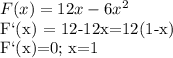 F(x)=12x-6x^2

F`(x) = 12-12x=12(1-x)

F`(x)=0; x=1

