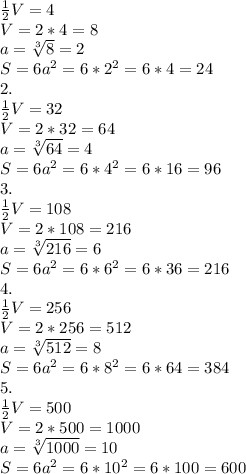 \frac{1}{2}V=4 \\ 
V=2*4=8 \\ 
a= \sqrt[3]{8} = 2 \\ 
S= 6a^{2} =6*2^{2}=6*4=24 \\ 
2. \\ 
 \frac{1}{2}V=32 \\ 
V=2*32=64 \\ 
a= \sqrt[3]{64} = 4 \\ 
S= 6a^{2} =6*4^{2}=6*16=96 \\ 
3. \\ 
 \frac{1}{2}V=108 \\ 
V=2*108=216 \\ 
a= \sqrt[3]{216} = 6 \\ 
S= 6a^{2} =6*6^{2}=6*36=216 \\
4. \\ 
 \frac{1}{2}V=256 \\ 
V=2*256=512 \\ 
a= \sqrt[3]{512} = 8 \\ 
S= 6a^{2} =6*8^{2}=6*64=384 \\ 
5. \\ 
 \frac{1}{2}V=500 \\ 
V=2*500=1000 \\ 
a= \sqrt[3]{1000} = 10 \\ 
S= 6a^{2} =6*10^{2}=6*100=600 \\ 
