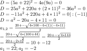 D = (5a+22)^{2} - 4 a (9a) =0 \\ 
D= 25 a^{2} + 220a +( 2*11)^{2} - 36a^{2} =0 \\ 
D= -11 a^{2} +220a + 4 * 11^{2} =0 | :(-11) \\ 
D= a^{2} - 20a - 4*11 = 0 \\ 
a _{1,2} = \frac{20+- \sqrt{4*100-4*(1)(-4*11)} }{2} \\ 
= \frac{20 +- \sqrt{4*(100+44)} }{2} = \frac{20+- \sqrt{4*144} }{2} \\ 
= \frac{20 +- 2*12}{2} = 10+-12 \\ 
 a_{1} = 22; a_{2}=-2