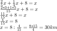 \frac{2}{5}x+\frac{1}{3}x+8=x\\
\frac{2*3+1*5}{15}x+8=x\\
\frac{11}{15}x+8=x\\
\frac{4}{15}x=8\\
x=8:\frac{4}{15}=\frac{8*15}{4}=30 km