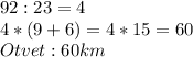 92:23=4\\
4*(9+6)=4*15=60\\
Otvet:60km
