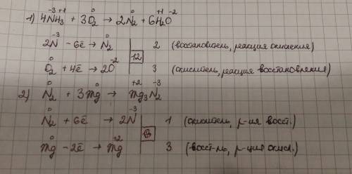 Сделайте , , окислительно-восстановительную реакцию для : 1. nh3 + o2 -> n2 + h2o 2. n2 + mg -&gt