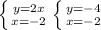 \left \{ {{y=2x} \atop {x=-2} \right.
 \left \{ {{y=-4} \atop {x=-2} \right.