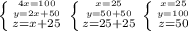 \left \{ {{4x=100} \atop {y=2x+50}}}\atop{z=x+25} \right. 
 \left \{ {{x=25} \atop {y=50+50}}}\atop{z=25+25} \right. 
 \left \{ {{x=25} \atop {y=100}}}\atop{z=50} \right.