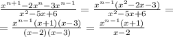 \frac{ x^{n+1} -2x^{n} -3x^{n-1} }{ x^{2} -5x+6} = \frac{x^{n-1}( x^{2} - 2x -3)}{ x^{2} -5x+6} = \\ 
=\frac{x^{n-1}(x+1)(x-3)}{(x-2)(x-3) } = \frac{x^{n-1}(x+1)}{x-2} \\