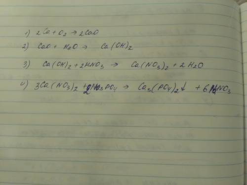 Осуществите цепочку превращения: ca--cao--ca(oh)2--ca(no3)2--ca3(po4)2