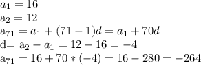 a_{1} =16

 a_{2}=12

 a_{71}= a_{1} +(71-1)d= a_{1}+70d

d= a_{2}- a_{1}=12-16=-4

 a_{71}=16+70*(-4)=16-280=-264