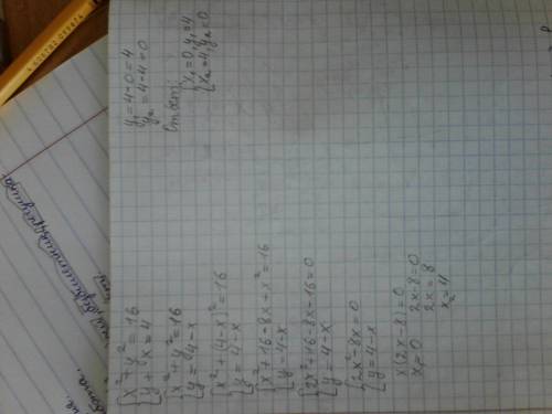 {x^2+y^2=16 {y+x=4 решите систему уравнений