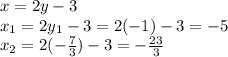 x = 2y-3 \\
x_1 = 2y_1-3=2(-1)-3=-5\\
x_2= 2(-\frac{7}{3})-3=-\frac{23}{3}
