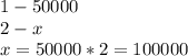 1-50000 \\ 
2-x \\ 
x=50000*2=100000