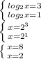 \left \{ {{log_{2}x = 3 } \atop {log_2x = 1}} \right. 
 \\ \left \{ {{x = 2^3} \atop {x=2^1}} \right. 
 \\ \left \{ {{x=8} \atop {x=2}} \right.