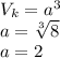 V_{k}=a^3 \\ 
a= \sqrt[3]{8} \\ a=2