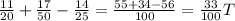 \frac{11}{20}+\frac{17}{50}-\frac{14}{25}
=\frac{55+34-56}{100}=\frac{33}{100}T