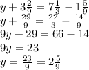 y+3 \frac{2}{9} =7 \frac{1}{3} -1 \frac{5}{9} \\ y+ \frac{29}{9} = \frac{22}{3} - \frac{14}{9} \\ 
9y+29=66-14 \\ 9y=23 \\ y= \frac{23}{9} =2 \frac{5}{9}