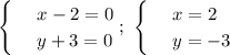 \begin{cases}
& \text{ } x-2=0 \\ 
& \text{ } y+3=0
\end{cases};\,\,\begin{cases}
& \text{ } x=2 \\ 
& \text{ } y=-3 
\end{cases}