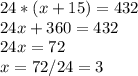 24*(x+15)=432\\
24x+360=432\\
24x=72\\
x=72/24=3