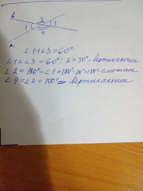 Сумма 2 углов полученных при пересечении прямых ровна 60 градусов.найдите градусные меры всех углов