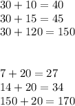 30+10=40 \\ 
30+15=45 \\ 30+120=150 \\ \\ \\ 7+20=27 \\ 14+20=34 \\ 150+20=170