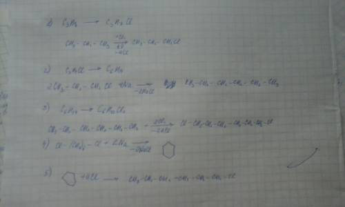 C₃h₈-c₃h₇cl-c₆h14-c₆h12cl₂-циклогексан-ch₃-ch₂-ch₂-ch₂-ch₂-ch₂cl ! напишите ! все свои !