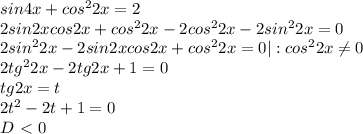 sin4x+cos^22x=2 \\ 
2sin2xcos2x+cos^22x-2cos^22x-2sin^22x=0 \\ 
2sin^22x-2sin2xcos2x+cos^22x=0 |:cos^22x \neq 0 \\ 
2tg^22x-2tg2x+1=0 \\ 
tg2x=t \\ 
2t^2-2t+1=0 \\ 
D\ \textless \ 0
