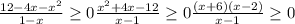\frac{12-4x-x^2}{1-x} \geq 0
 \frac{x^2+4x-12}{x-1} \geq 0
 \frac{(x+6)(x-2)}{x-1} \geq 0