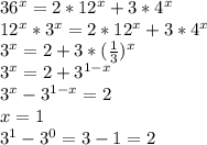 36^x=2*12^x+3*4^x \\ 
12^x*3^x=2*12^x+3*4^x \\ 
3^x=2+3* (\frac{1}{3})^x \\ 
3^x=2+3^{1-x} \\ 3^x-3^{1-x} =2 \\ x=1 \\ 
3^1-3^0=3-1=2