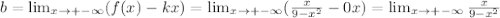 b = \lim_{x \to +-\infty} (f(x) - kx )= \lim_{x \to +-\infty} ( \frac{x}{9- x^{2} }-0x )=
 \lim_{x \to +-\infty} \frac{x}{9- x^{2} }