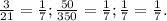 \frac{3}{21} = \frac{1}{7} ;
 \frac{50}{350} = \frac{1}{7};
 \frac{1}{7} = \frac{1}{7}.