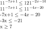 \displaystyle 11^{-7x+1} \leq 121^{-2x-10}

11^{-7x+1} \leq 11^{-4x-20}

-7x+1 \leq -4x-20

-3x \leq -21

x \geq 7