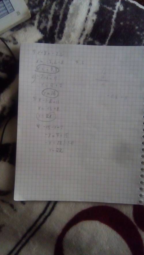 Решите уравнения: 1) х + 8 = -7 2) -7 + х = 9 3) х - (-8) = 13 4) -15 - х = 7