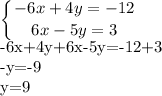 \displaystyle \left \{ {{-6x+4y=-12} \atop {6x-5y=3}} \right. 

-6x+4y+6x-5y=-12+3

-y=-9

y=9

