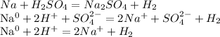 Na + H_{2}SO_{4} = Na_{2}SO_{4} +H_{2}

Na^{0} + 2H^{+} + SO_{4}^{2-} = 2Na^{+} + SO_{4}^{2-} + H_{2}

Na^{0} + 2H^{+} = 2Na^{+} + H_{2}