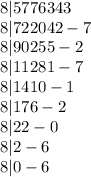 8 | 5776343\\
8 | 722042 - 7\\
8 | 90255 - 2\\
8 | 11281 - 7\\
8 | 1410 - 1\\
8 | 176 - 2\\
8 | 22 - 0\\
8 | 2 - 6\\
8 | 0 - 6