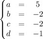 \left\{\begin{matrix}
 a&= &5 \\ 
 b&= &-2 \\ 
 c& = & -2\\ 
 d&= &-1 
\end{matrix}\right.