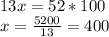 13x=52*100\\
x= \frac{5200}{13} =400