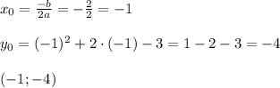 x_0= \frac{-b}{2a}= -\frac{2}{2}=-1\\\\
y_0=(-1)^2+2\cdot(-1)-3=1-2-3=-4\\\\(-1;-4)