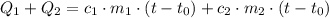 Q_1+Q_2=c_1\cdot m_1\cdot (t-t_0)+c_2\cdot m_2\cdot (t-t_0)