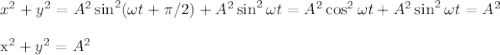 x^2+y^2 = A^2\sin^2(\omega t+\pi/2) + A^2\sin^2\omega t = A^2\cos^2\omega t+ A^2\sin^2\omega t = A^2 \\

x^2+y^2=A^2
