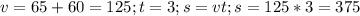 v=65+60=125;
t=3; 
s=vt;
s=125*3=375